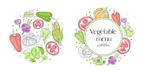 Vegetables are drawn with a single line. Round composition. Vegetarian menu.