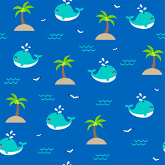 Fototapeta na wymiar Cute whale cartoon seamless pattern with island background.