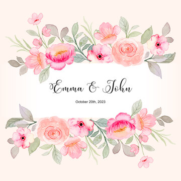 Save the date pink rose flower border with watercolor