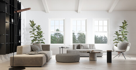 Illustration 3D rendering large luxury modern bright interiors Living room mockup computer digitally generated image
