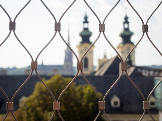 Linz Austria, View of a church through wire mesh