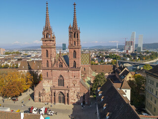Fototapeta na wymiar Drone view at the cathedral of Basel in Switzerland.
