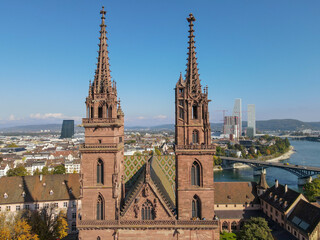 Drone view at the cathedral of Basel in Switzerland.