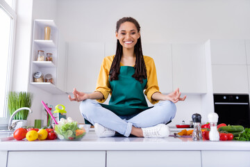 Photo of pretty peaceful dark skin woman dressed yellow shirt sitting table practicing yoga indoors house home room