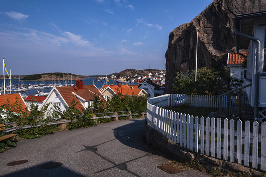 Harbor of Fjallbacka situated in Tanum Municipality on a sunny day in Sweden