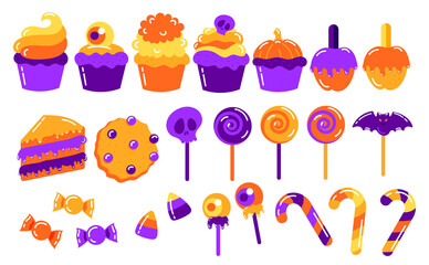 Set of festive elements on Halloween. Sweets, candy, lollipops, cupcakes, apples in glaze. Skulls, eyes, pumpkin. Isolated on white background. 