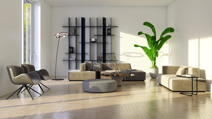 Illustration 3D rendering large luxury modern bright interiors Living room mockup computer digitally generated image