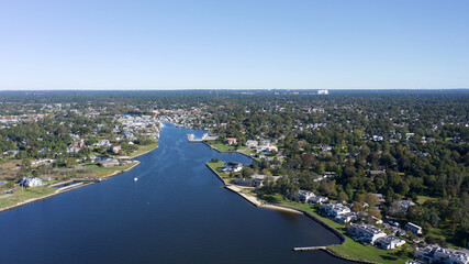Aerial view of Bayshore looking out to the sea, New York.