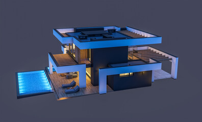 Obraz premium 3d rendering of modern cozy house with pool and parking for sale or rent in luxurious style. In the night. Isolated on black.