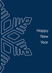 New Year greeting card. Half of snowflake on blue background. Minimalist style
