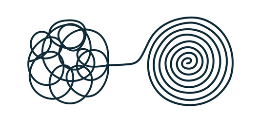 Chaos and order Tangled mess turns into a spiral line of order, find a solution. Coaching, mentoring, or psychotherapy. vector in doodle style. hand-drawn.