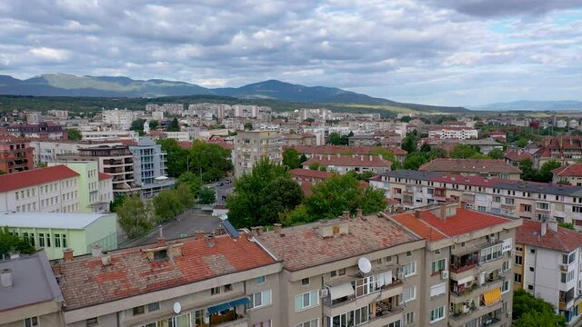 Drone video of Kazanlak town in Stara Zagora Province at the foot of the Balkan mountain range of Bulgaria