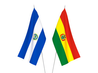 National fabric flags of Bolivia and Republic of El Salvador isolated on white background. 3d rendering illustration.