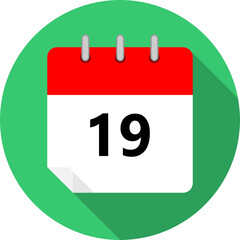 white and red calendar page with day 19 written in black and a green circle background whith shadows clipart vector editable changeable image