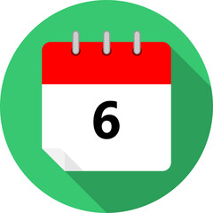 white and red calendar page with day 6 written in black and a green circle background whith shadows clipart vector editable changeable image