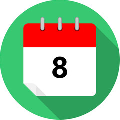 white and red calendar page with day 8 written in black and a green circle background whith shadows clipart vector editable changeable image