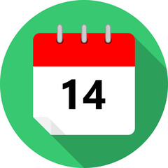 white and red calendar page with day 14 written in black and a green circle background whith shadows clipart vector editable changeable image
