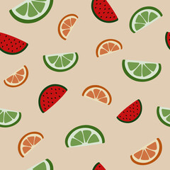 Seamless pattern with slices of fruit on a peach background