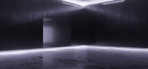 Empty High Detailed Concrete Grunge Looking Room With Light Stripes And Reflections.3D Rendering