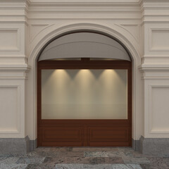 3d Rendering of a store window with neoclassical architecture context