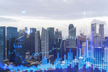 Financial stock chart hologram over panorama city view of Singapore, business center in Asia. The concept of international transactions. Double exposure.