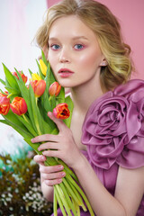 beautiful girl with tulips in pink dress fashion portrait. High quality photo