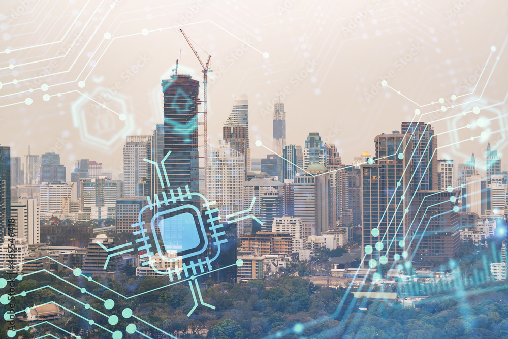 Poster technology hologram over panorama city view of bangkok. the largest tech hub in southeast asia. the 