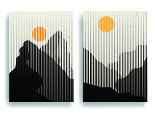 Poster with mountain landscape  and sunset in boho art style  .Minimal design with line elements . Trendy brochure . Mountain peak .Wall art .Vector illustration .