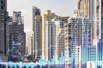 Fototapeta na wymiar Forex and stock market chart hologram over panorama city view of Bangkok, the financial center in Southeast Asia. The concept of international trading. Double exposure.
