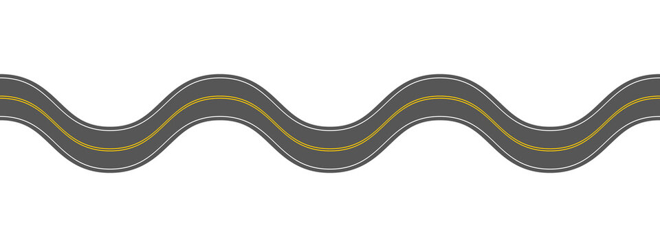 Empty wavy asphalt road with marking. Horizontal aerial view. Seamless highway template. Element of street roadway isolated on white background. Vector flat illustration.