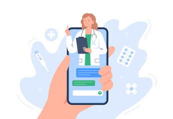 Smartphone screen with a female therapist on chat. Video call with doctor. Online medical services, consultation and telemedicine concept. Vector flat illustration.