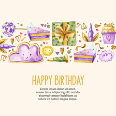Watercolor square frame for childrens birthday. With gifts, cupcakes, gingerbread, candy, crown. Hand drawing watercolor cute children’s greeting card.