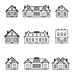 There are many houses of different configurations and sizes with large and small windows on a white background.