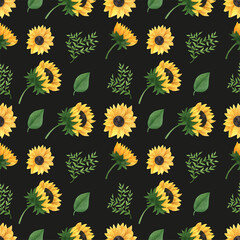 Realistic watercolor sunflowers seamless pattern for wedding invitation