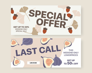 Autumn sale banner set with figs fruits and acorns. Trendy abstract design. Hand drawn. Promotion poster, social media post, discount card or flyer design template. Vector illustration.