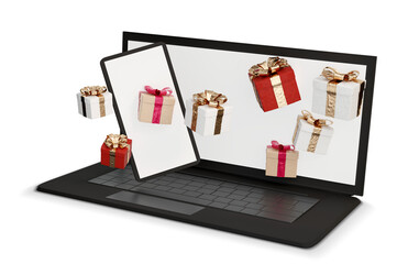 Christmas gifts out of computer as Notebook or Laptop and smart phone as mobile phone 3d-illustration