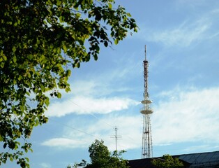 Obraz premium Tree leaves. TV tower. Blue sky and clouds. Antenna and wires. Background