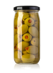 green olives preserved in a glass jar