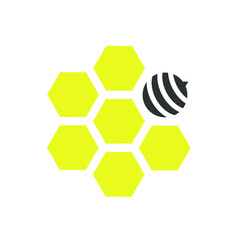 Yellow hexagons in the shape of a flower. Honeycomb and bee. Vector illustration, flat minimal color cartoon design, isolated on white background, eps 10.