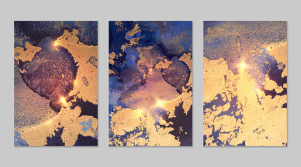 Set of marble patterns. Gold, indigo blue, and purple geode textures with glitter. Abstract vector background in alcohol ink technique. Modern paint with sparkles. Backdrops for banner. Fluid art