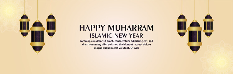 Happy muharram islamic new year celebration greeting card with creative lantern