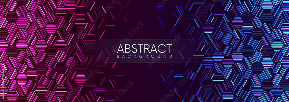 Poster abstract geometric technology background with hexagonal lines in pink and blue neon colors. vector i