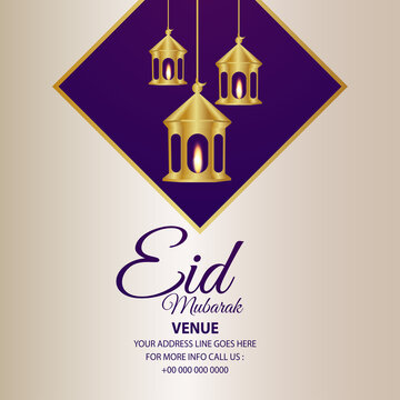 Eid mubarak islamic festival greeting card with realistic golden lantern