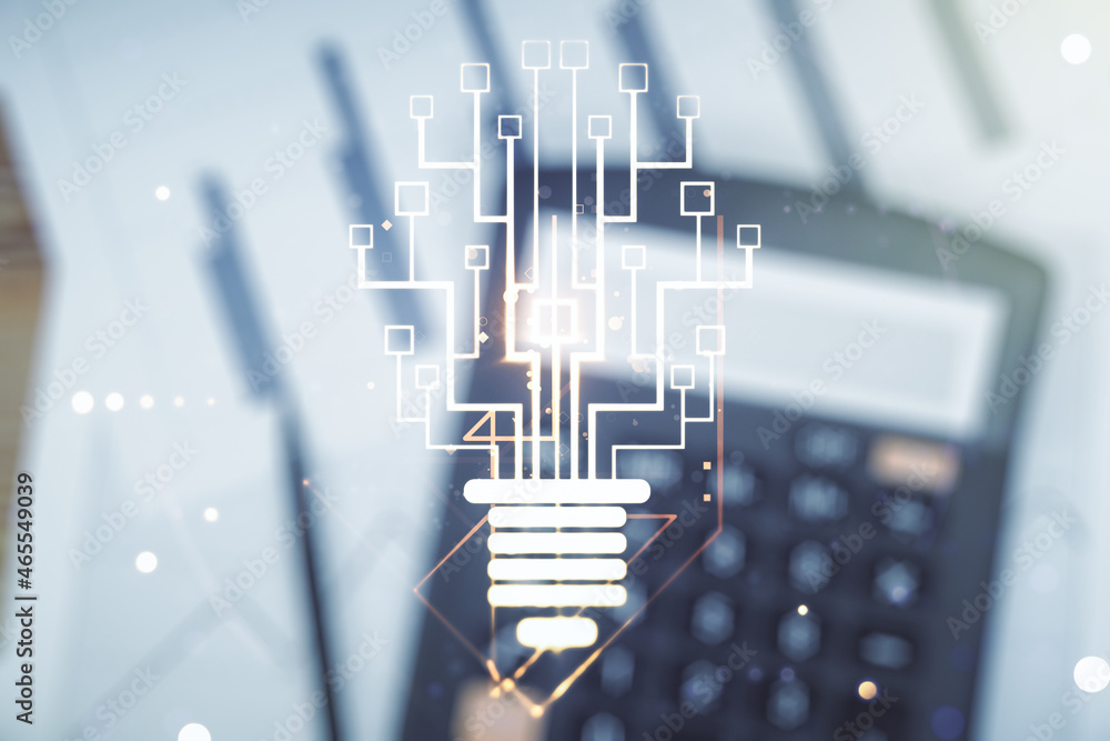 Poster Virtual creative idea concept with light bulb and microcircuit illustration on calculator background. Neural networks and machine learning concept. Multiexposure