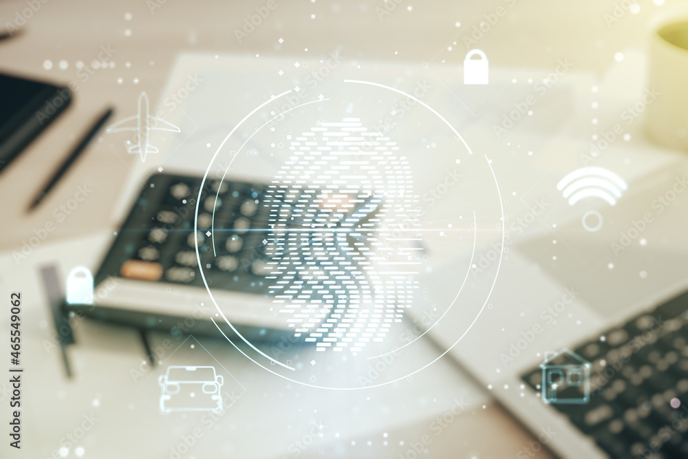 Poster double exposure of virtual creative fingerprint hologram on calculator and pc background, protection