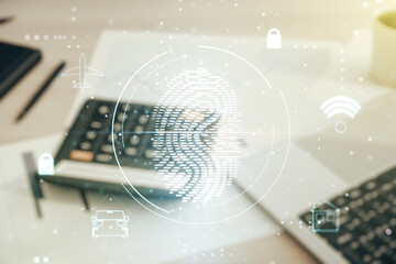 Double exposure of virtual creative fingerprint hologram on calculator and pc background, protection of personal information concept