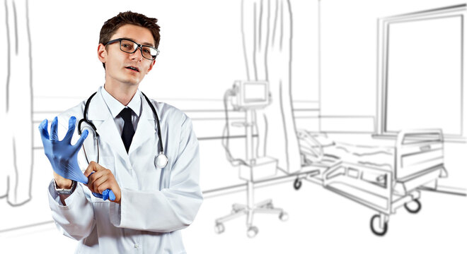 Man in a white coat on a background of blurred hospital ward. The photo is combined with the illustration. Doctor on the background of the finished interior of the clinic.