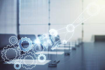 Abstract virtual robotics technology sketch on a modern boardroom background, future technology and AI concept. Double exposure