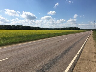 Fototapeta na wymiar road in the countryside with blue sky and green fields along