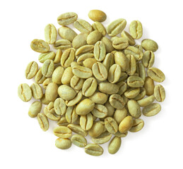 Dried green coffee beans isolated on white background, top view